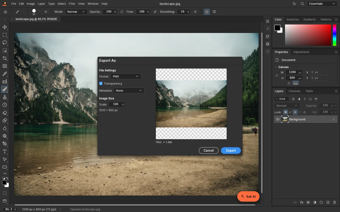 The Export As dialog with a Format menu set to PNG, a transparency checkbox, a scale field and a preview
