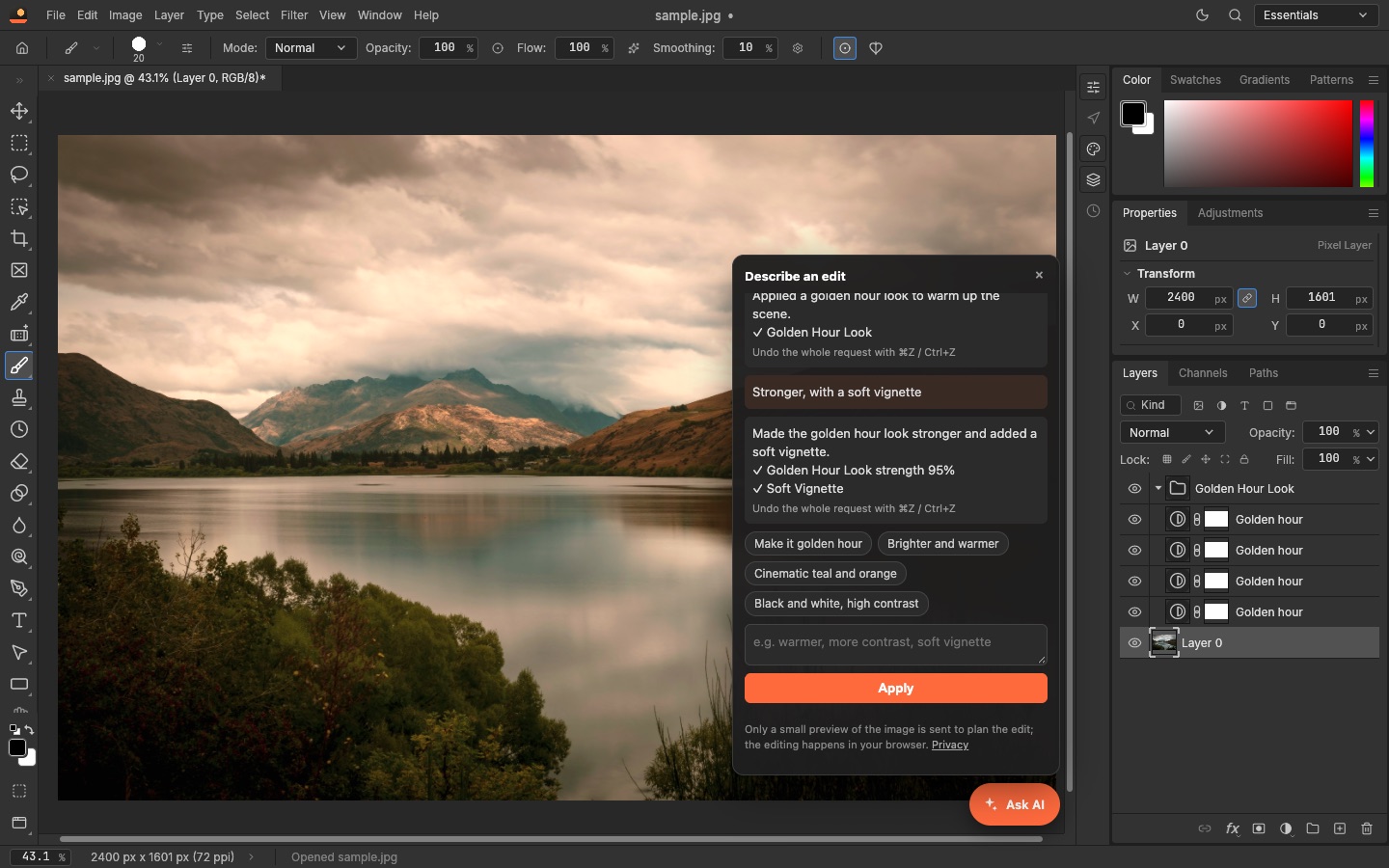 The AI assistant in LayerSay Studio after two requests, with a Golden Hour Look group of adjustment layers